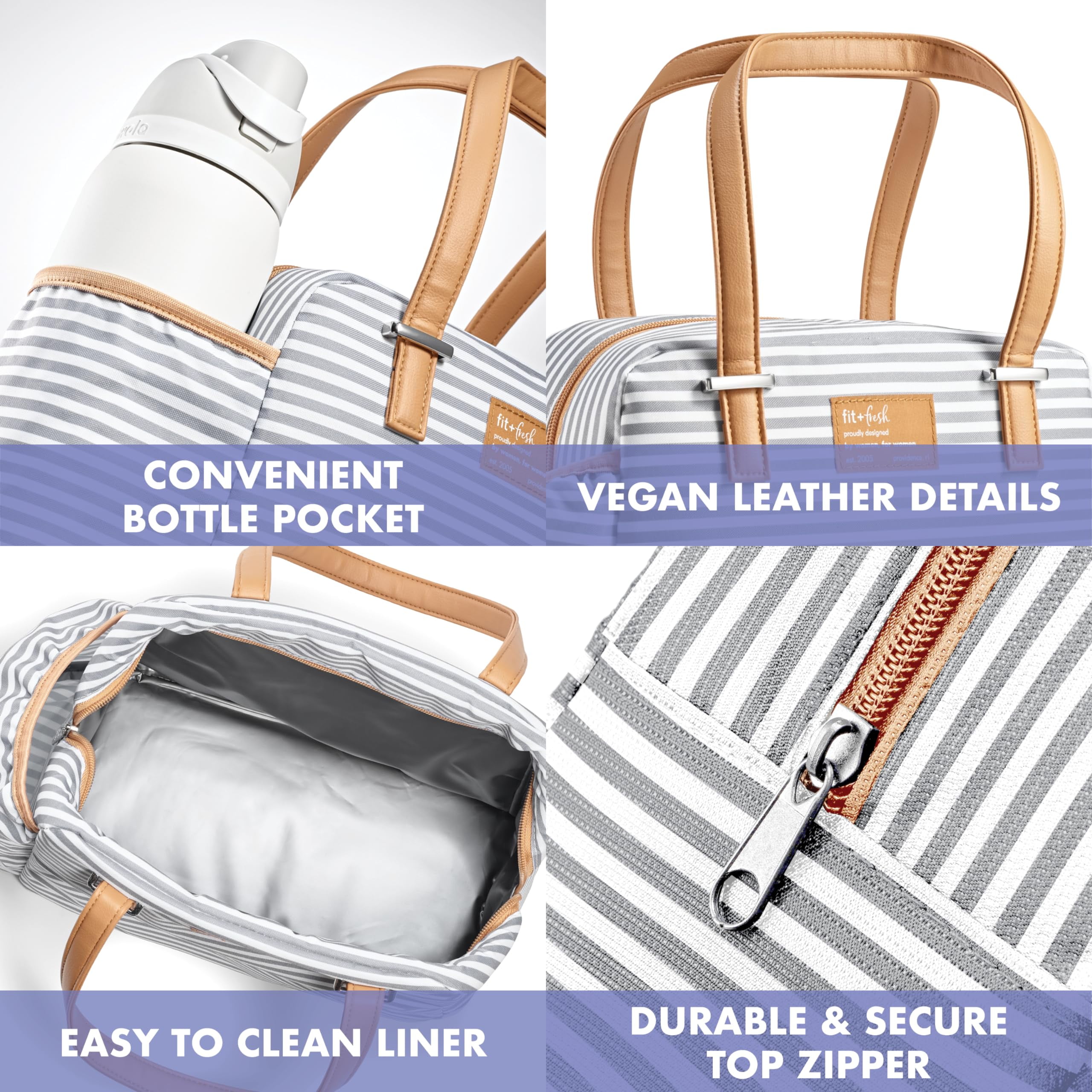 Fit+Fresh Lunch Bag For Women, Insulated, Leakproof With Containers, Laketown Grey Stripe