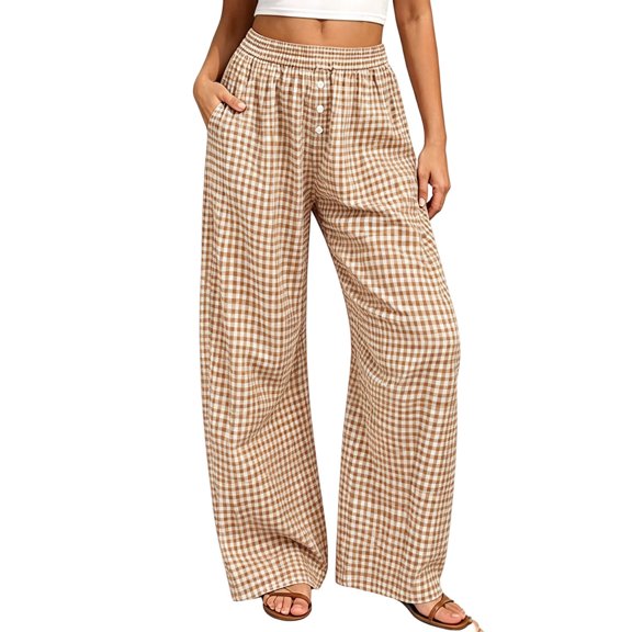 TEAJOPSUU Womens Casual Plaid Pants Wide Leg Elastic Waist Button Detail Trousers with Pockets Gingham Trendy Daily Wear Khaki