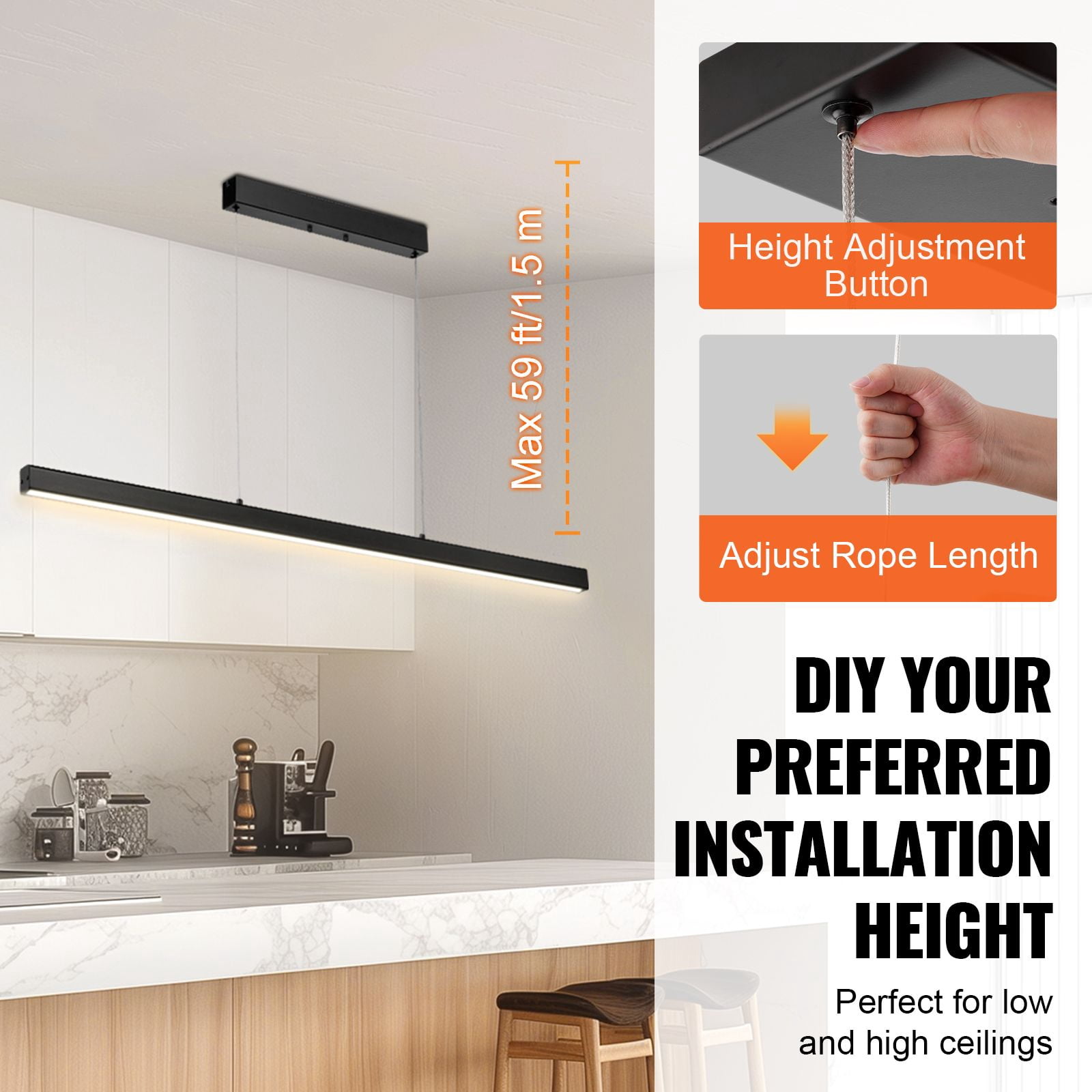 Dimmable LED Linear Pendant Light, 20W, 3 Color Temperatures (3000K/4000K/6500K), Adjustable 59" Ropes, 50,000-Hour Lifespan, for Kitchen Island, Dining Room & Living Room