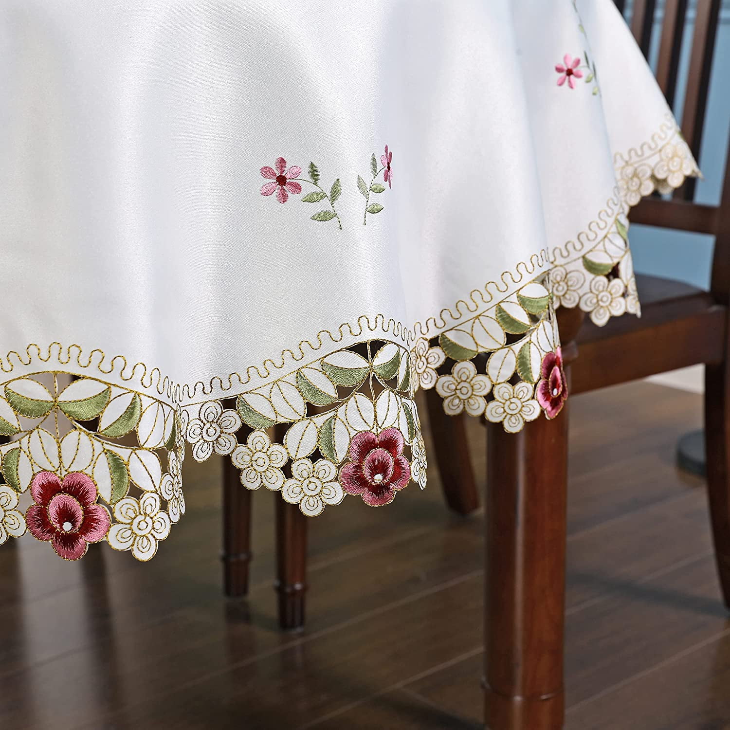72"x126" Large Embroidered Tablecloth Camellia Floral Table Linen Home Decor, 