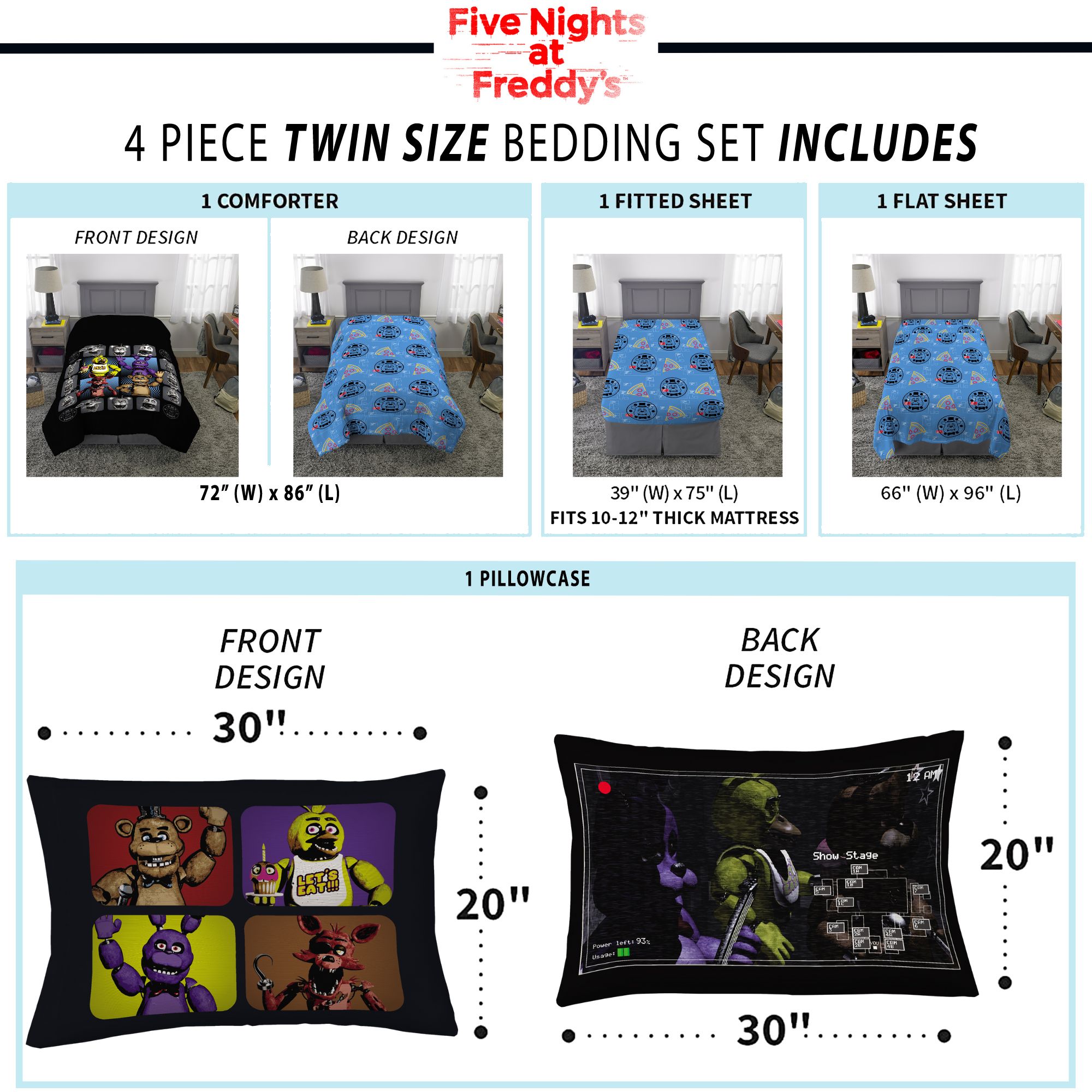 Five Nights at Freddy's Kids 4 Piece Black Blue Reversible Comforter, Bed in a Bag, Twin