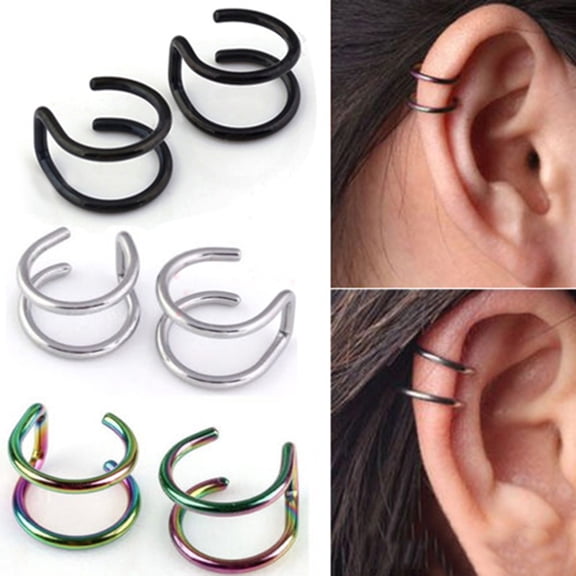 SmartBy Ear Clip Cuff Cool Non Pierced Stainless Steel 2-row Fake Cartilage Earrings for Bar
