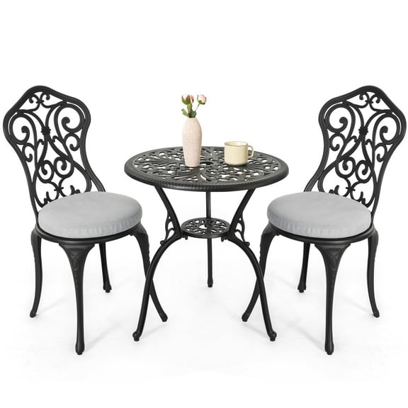 Nuu Garden 3 Pieces Patio Bistro Set, Outdoor Bistro Set with 2 Chairs And Cushion, Round Table with Umbrella Hole, All-Weather Outdoor Patio Bistro Set for Garden, Lawn, Poolside, Porch, Black