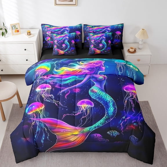 Erosebridal Mermaid Bedding Sets Queen Size Comforter Sets for Girls, Neon Sealife Jellyfish Comforter Sets with Sheets, Kids Princess Bed In A Bag, Black Reversible, 7pcs