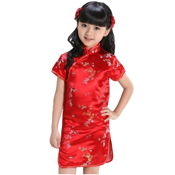Kaoocxu Popular Dress Girls Chinese Dress Qipao Baby Girls New Year Clothing Floral Short Sleeve Cheongsam Kids Birthday Party Clothes Comfort Trendy Streetwear
