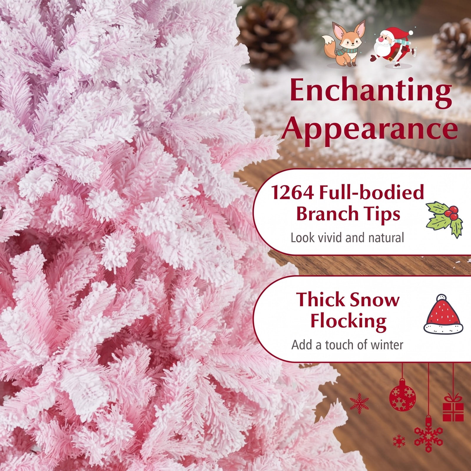 RUIE 7FT Artificial Christmas Tree, Pre-Assembled Hinged Pine Holiday Tree with 1264 Flocked Branch Tips and Folding Metal Stand, Snow Gradient Flocked, White & Pink