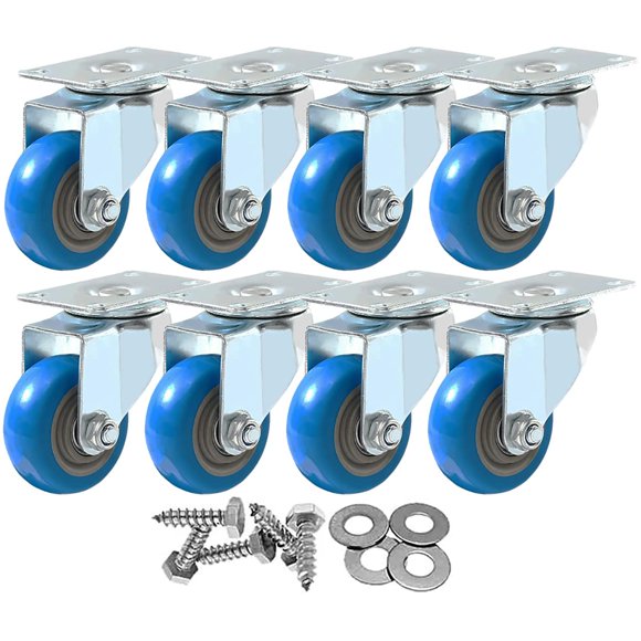 Caster Wheels FactorDuty, paquete de 8 unidades, placa giratoria de poliuretano azul de 3 pulgadas