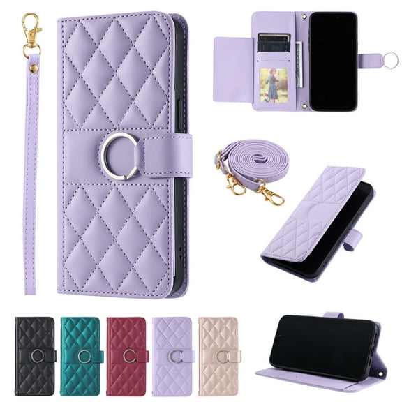 Dteck For iPhone 16 Pro Max Case, Crossbody Lanyard PU Leather Flip Folio Wallet Phone Cover with Magnetic Clasp Card Slots and Kickstand Cover, Purple