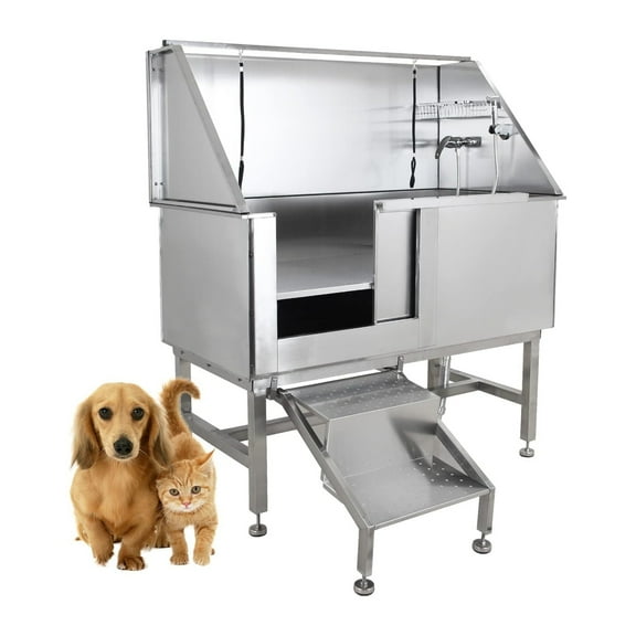 50/62" Dog Bathtub Professional Dog Grooming Tub Stainless Steel 304 Dog Bathing Station Dog Grooming Tub w/Stairs Floor Grate Pet Washing Station for Large, Medium, Small Pets