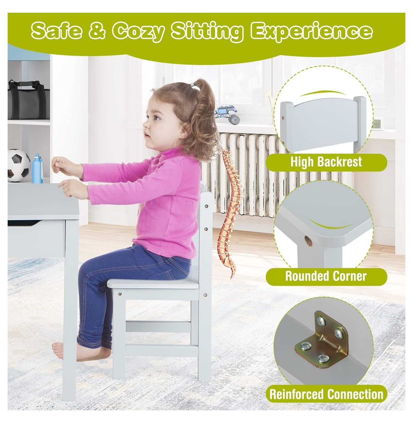 Kids Table and Chair Set, Wooden Lift-Top Desk & Chair with Storage, Paper Roll Holder & Pen Slot, Activity Table Set for Art, Children Furniture Set for Daycare, Playroom (Gray)