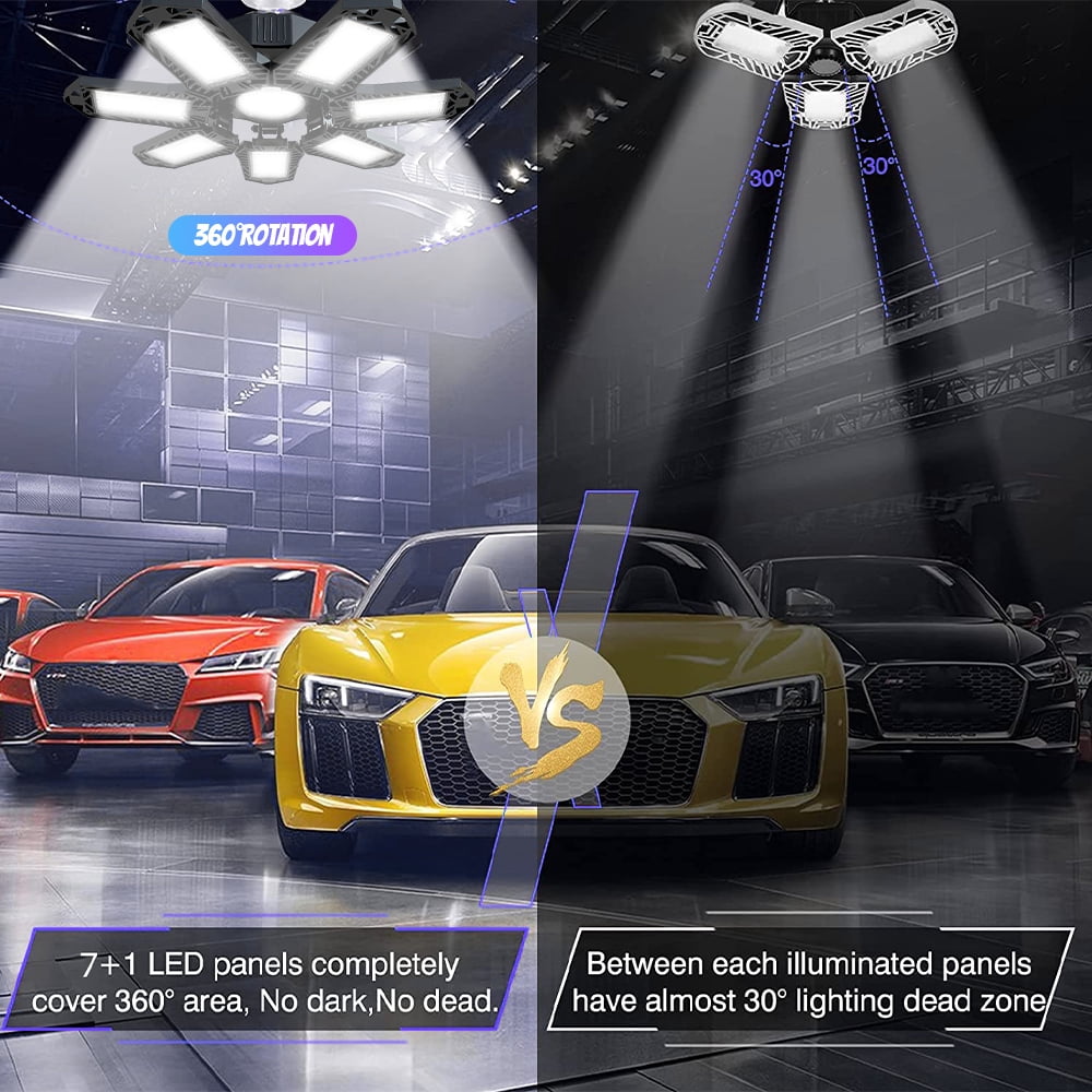 2Pack LED Garage Light, 120W Deformable Ceiling Light Fixture with 7+1 Adjustable Panels, 21000LM E26/E27 for Garage, Workshop, Attic, Basement