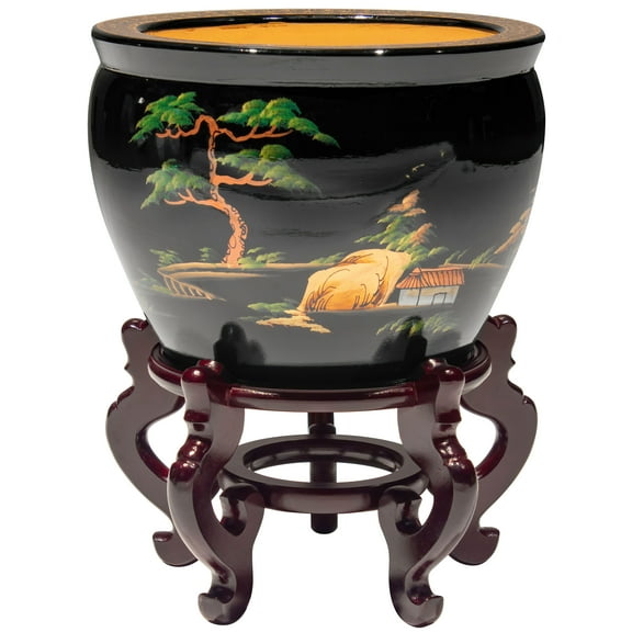 Oriental Furniture 12" Black Lacquer Fishbowl - Landscape