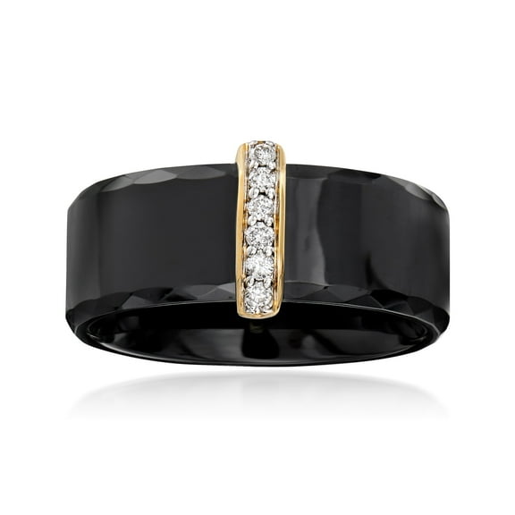 Ross-Simons Black Ceramic Ring With .10 ct. t.w. Diamond Bar in 14kt Yellow Gold, Women's, Adult