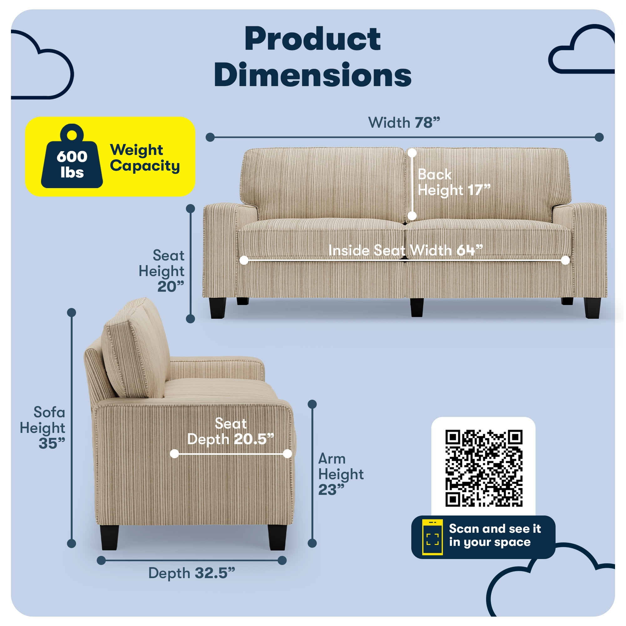 Serta Palisades 78" Track Arm Sofa, Easy Care Polyester, Loveseat or Couch for Small Spaces, Beige