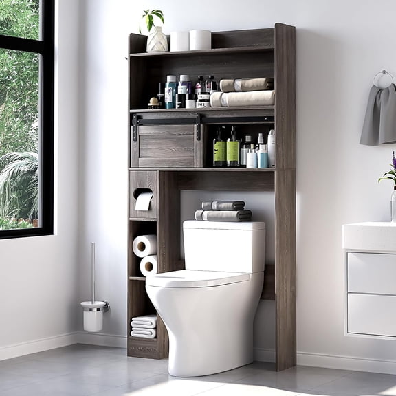 MIDOQIN Over The Toilet Storage Cabinet, Farmhouse Wooden 6-Tier Bathroom Organizer with Adjustable Bottom Bar Home Space-Saving Toilet Rack