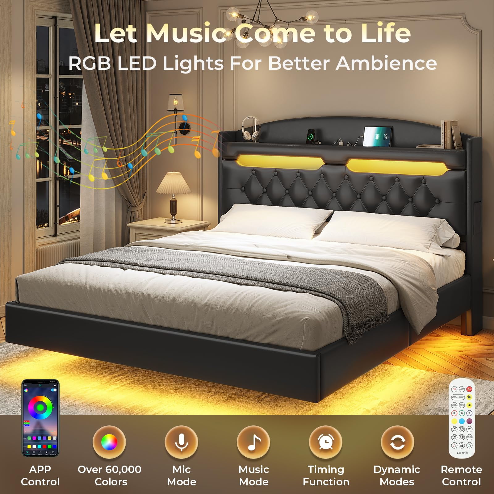 Afuhokles Floating Bed Frame Queen Size with Charging Station, Storage Headboard, LED Upholstered Leather Platform Bed, Black PU