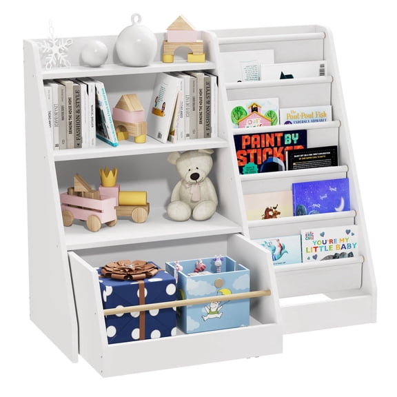 4 Tier Kids Bookshelf with 1 Movable Drawer and 5 Sling Pockets,Children's Bookshelf and Toy Storage for Bedroom, Playroom, Nursery,White