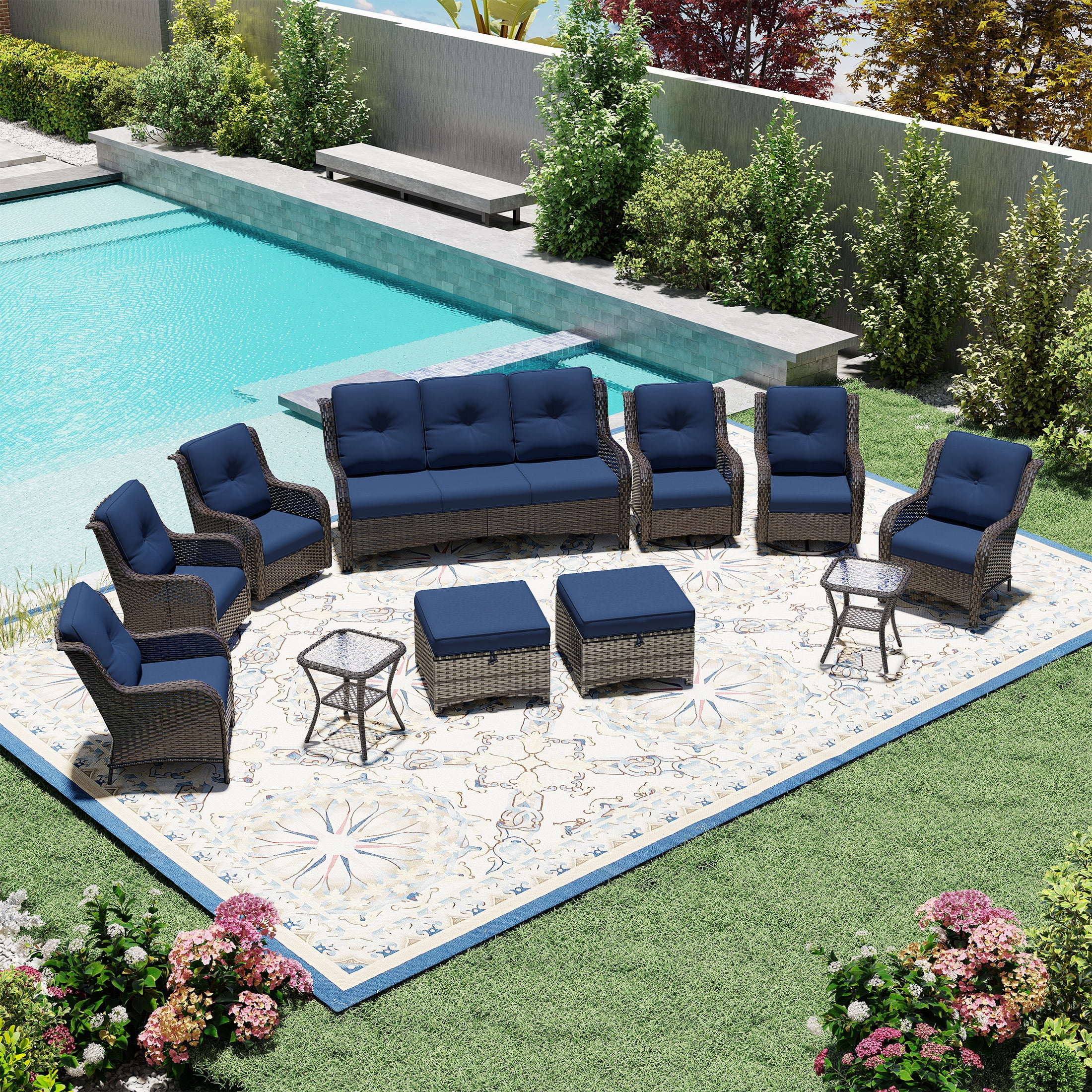 MeetLeisure 11 Piece Wicker Patio Furniture Set, Outdoor Swivel Rocker Chairs, Patio Sofa 3-Seat, High Back, Deep Seating, Wide Armrest, Thick Cushions for Deck Porch, Dark Blue