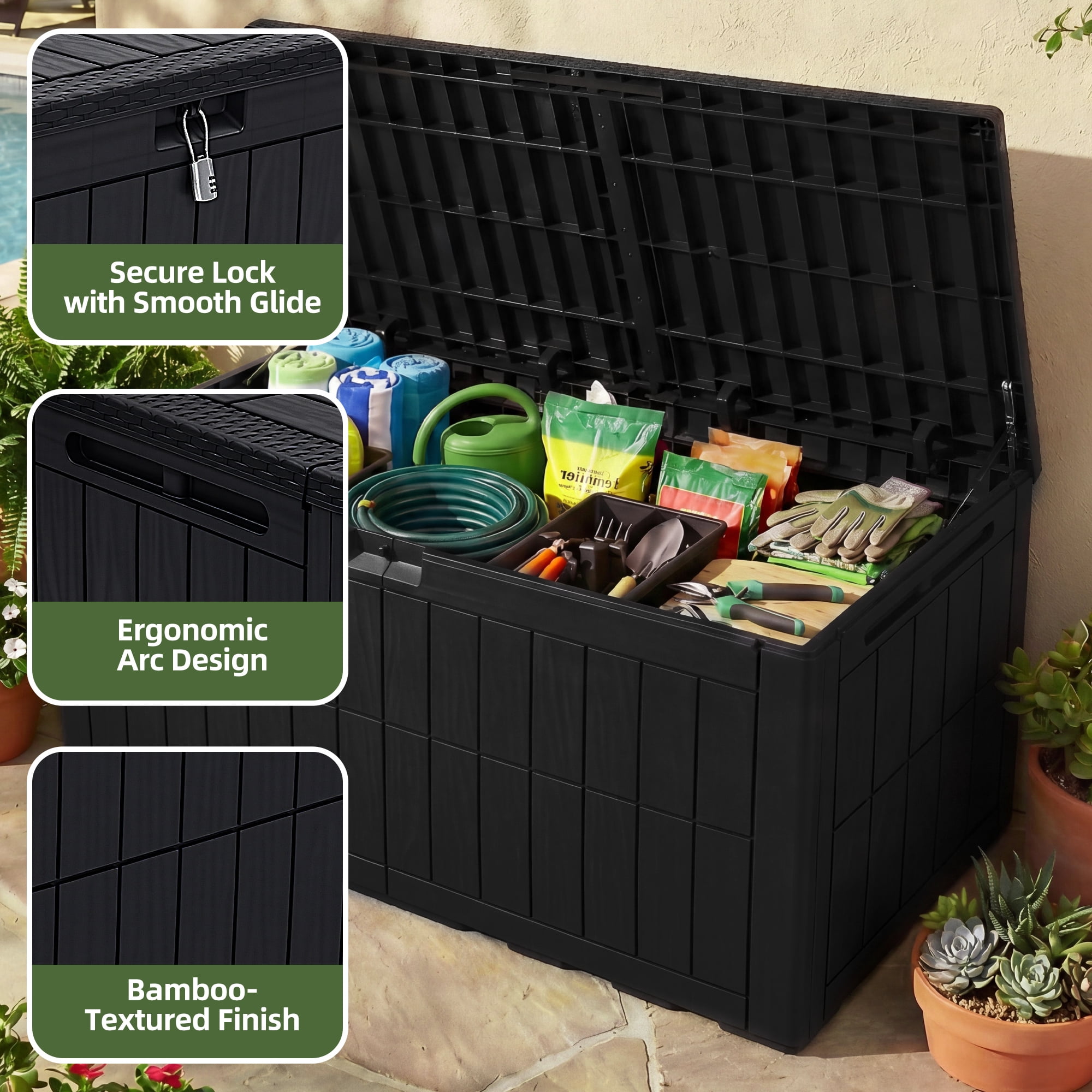Uforic 110 Gallon Large Outdoor Deck Box, Waterproof Resin Storage Box with Lockable Lid, 2-Person Patio Bench Seat for Outdoor Cushions, Garden Tools, Sports and Pool Accessories, Black
