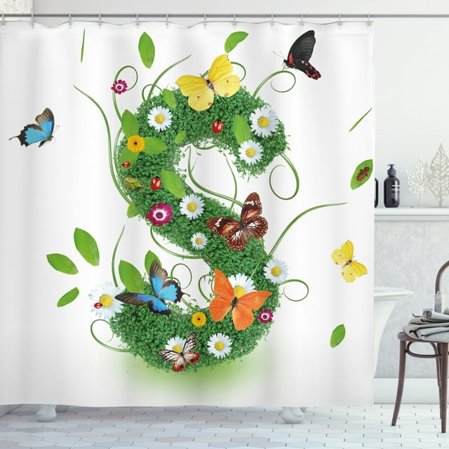 Ambesonne Letter S Shower Curtain, Garden Art Green Leaves S, 69"Wx75"L, Multicolor and Green