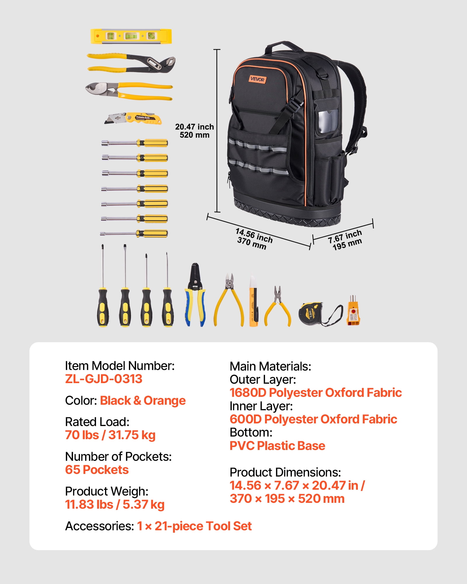 VEVOR Tool Backpack with Tools, 65 Pockets, Heavy-duty Tools Storage Organizer Bags with Laptop Compartment & Molded Base, Electrician Jobsite Backpack for Electrician, Repairman, and HVAC Techs