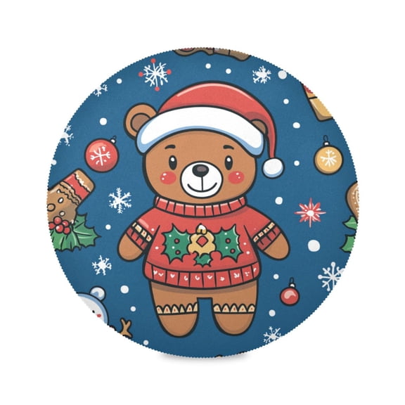 WOBOGO Seamless Pattern Of A Christmas Bear and Decorations Round Placemats Set of 6 Heat Resistant Washable Kitchen Table Decorations 15.4in