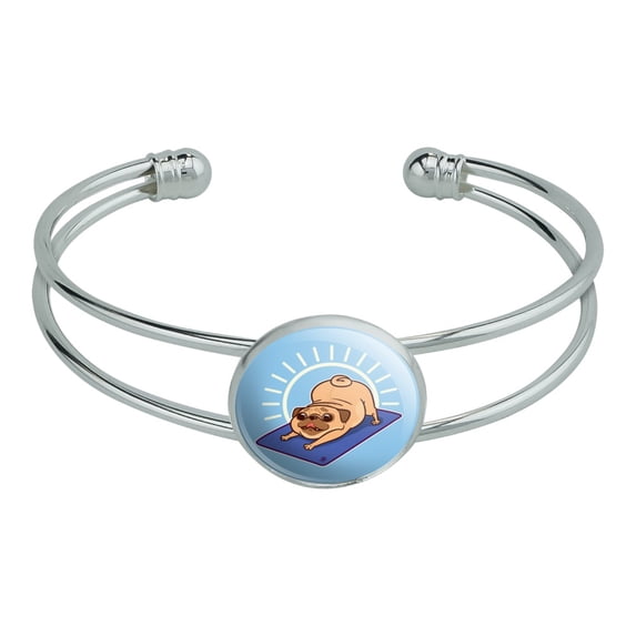 Downward Facing Dog Pug Doing Yoga Novelty Silver Plated Metal Cuff Bangle Bracelet