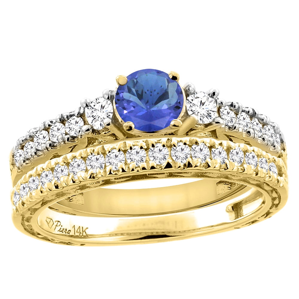 14K Yellow Gold Diamond Natural Tanzanite Engagement 2-pc Ring Set Engraved Round 6 mm, size 5 by Gabriella Gold