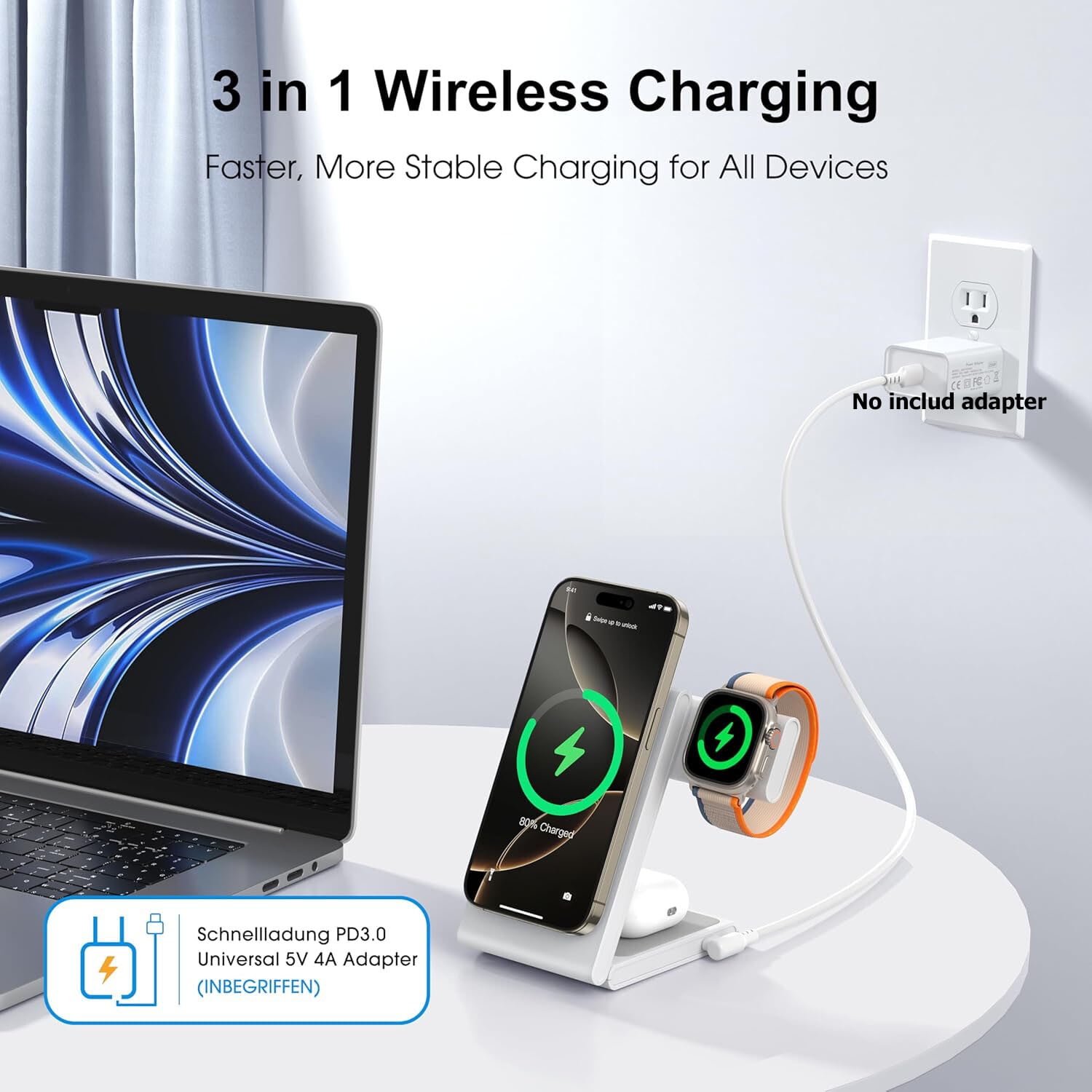 FungLam 3-IN-1 Fast Wireless Charger Station Foldable For Apple Watch & iPhone 17 16 15 14 13 12 11 X Pro Max - Fast Charging Dock Compatible for Apple Watch & AirPods 4 3 Pro White