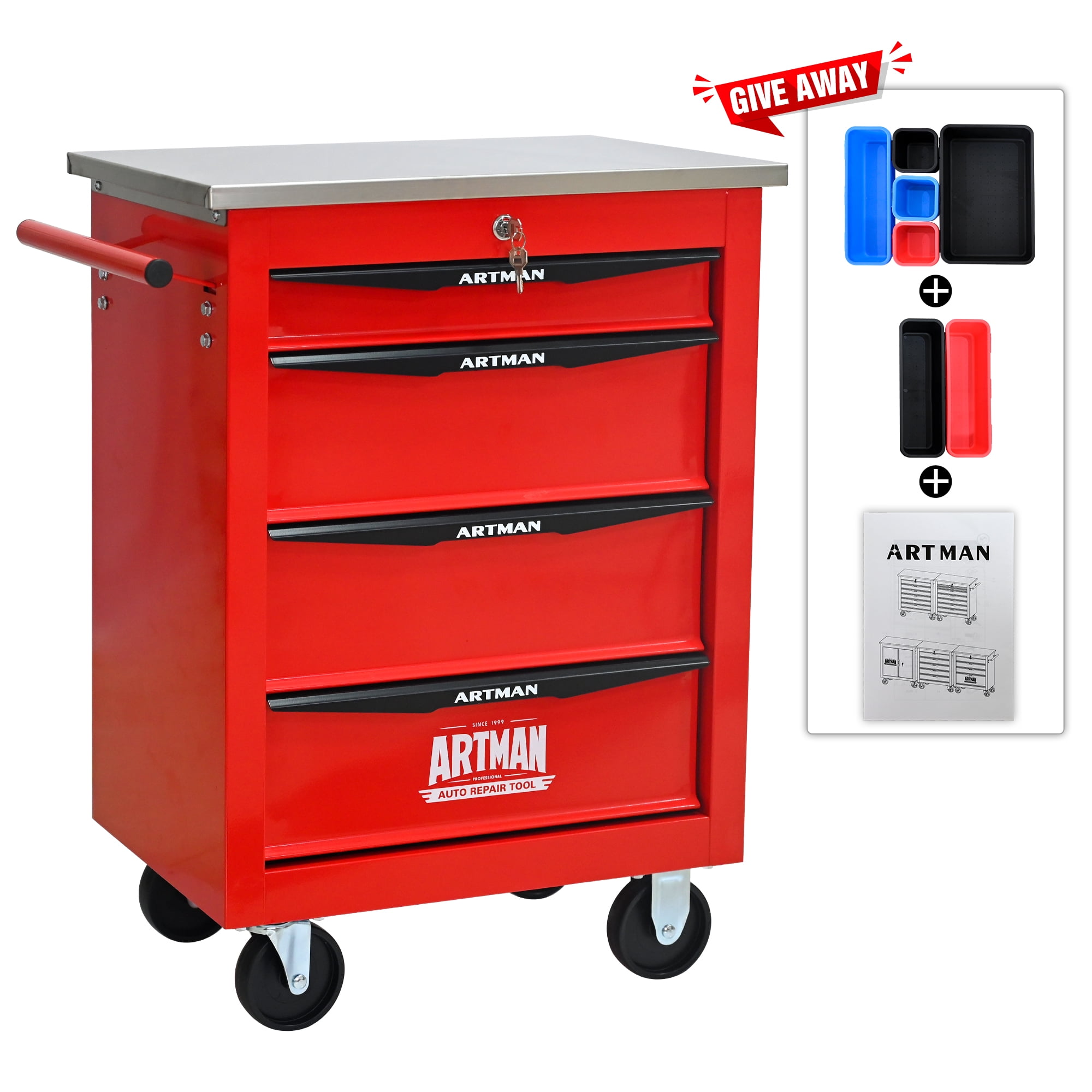ARTMAN 4 Drawers Steel Storage Rolling Tool Chest Cabinet Cart with Wheels and Stainless Steel Roof for Workshop Garage Warehouse