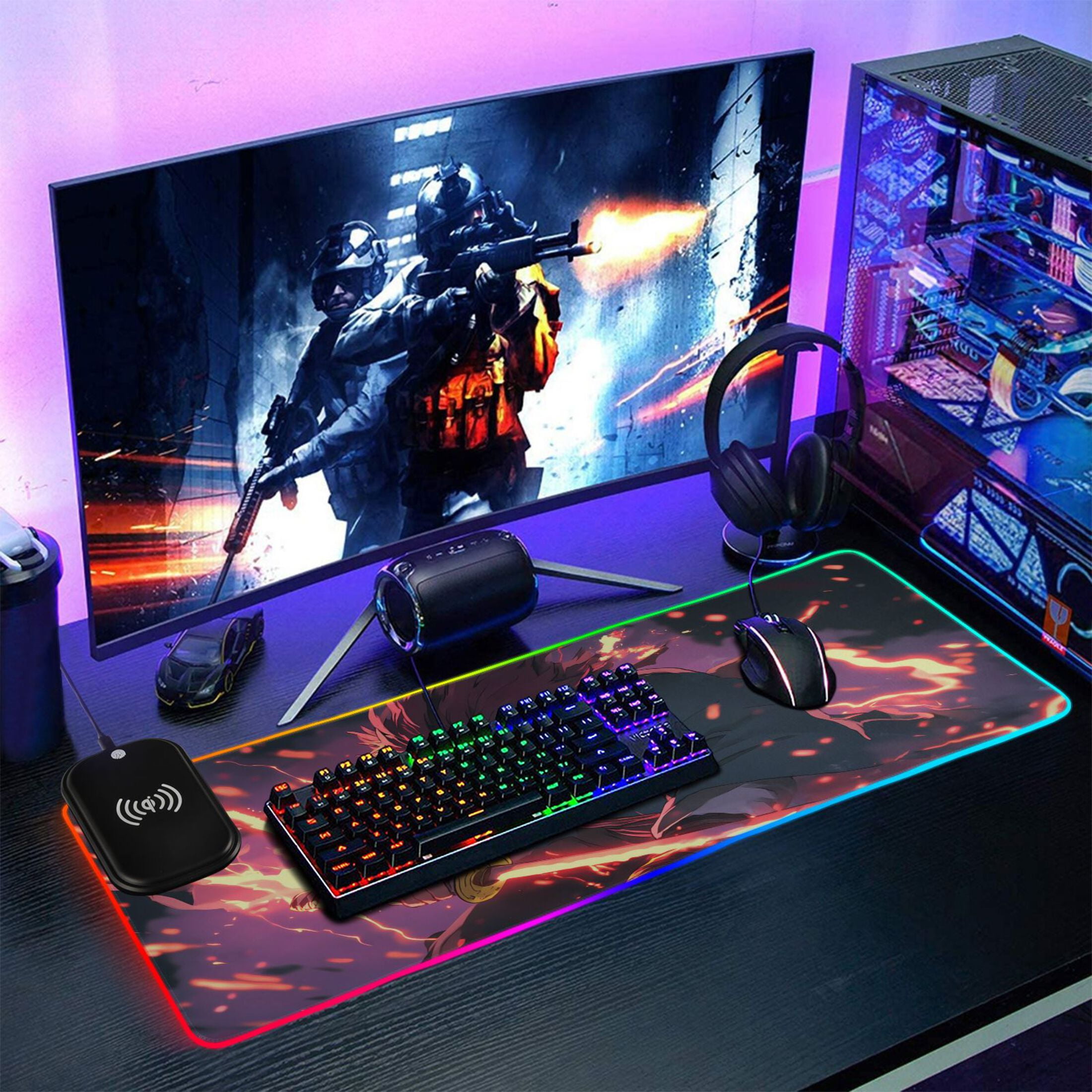 Wireless Charging Mouse Pad Large RGB Gaming Desk Mat 13 Light Modes Mousepad 31.5x11.8 Kamado Tanjirou Waving Sword