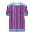 thumbnail image 5 of Xdegoge T Shirt for Women Crewneck Short Sleeve Casual Going Out Loose Fit Vertical Striped Patchwork Print Lightweight Breathable Summer Spring Tops Denim Look Splice Tees, 5 of 5