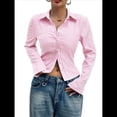 thumbnail image 1 of Camisa Corta A Rayas con Botones para Mujer, Blusa Ajustada de Larga, Camisa de Trabajo Rosa L, 1 of 9