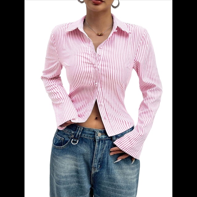 Camisa Corta A Rayas con Botones para Mujer, Blusa Ajustada de Larga, Camisa de Trabajo Rosa L