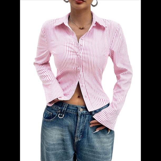 Camisa Corta A Rayas con Botones para Mujer, Blusa Ajustada de Larga, Camisa de Trabajo Rosa L