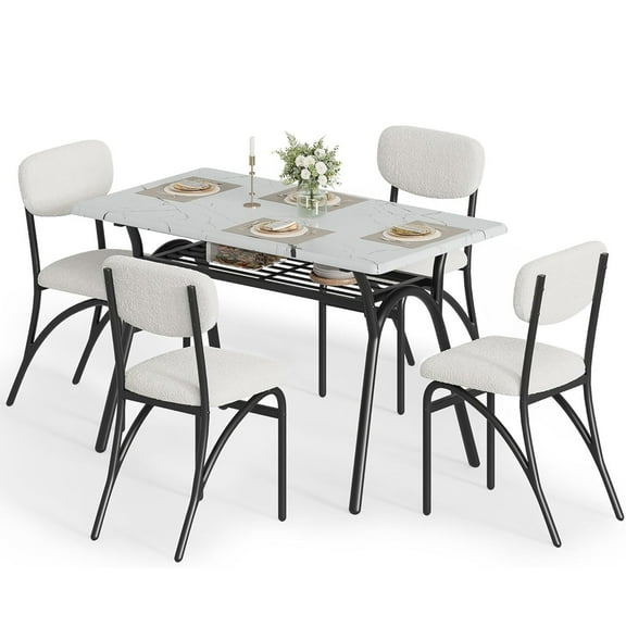 Dining Table Set for 4, Kitchen Table with Boucle Chairs for 4, Modern Rectangular Dining Table with Storage Rack