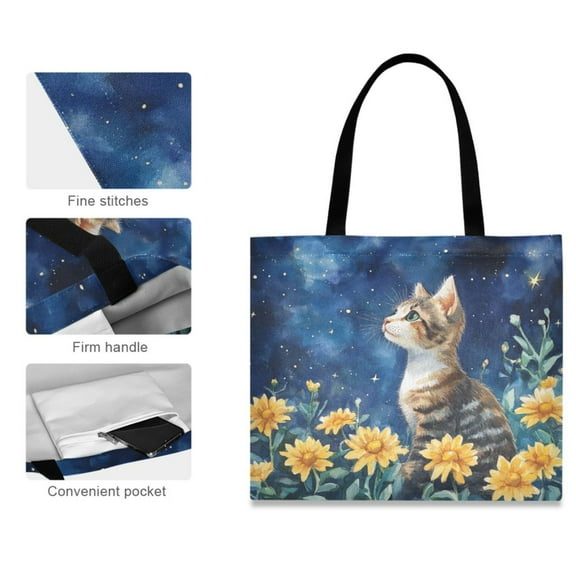 Canvas Tote Bag for Women Girls Design Print Cat with Flowers and Stars Tote