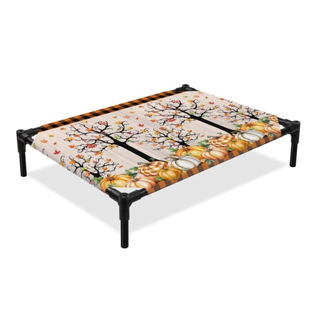 Thanksgiving Plaid Elevated Dog Bed Pumpkin Maple Tree Fall Retro Wood Plaid Cooling Breathable Outdoor Raised Dog Cot Bed with Metal Frame Non-Slip Feet for Large Dog 28x22in