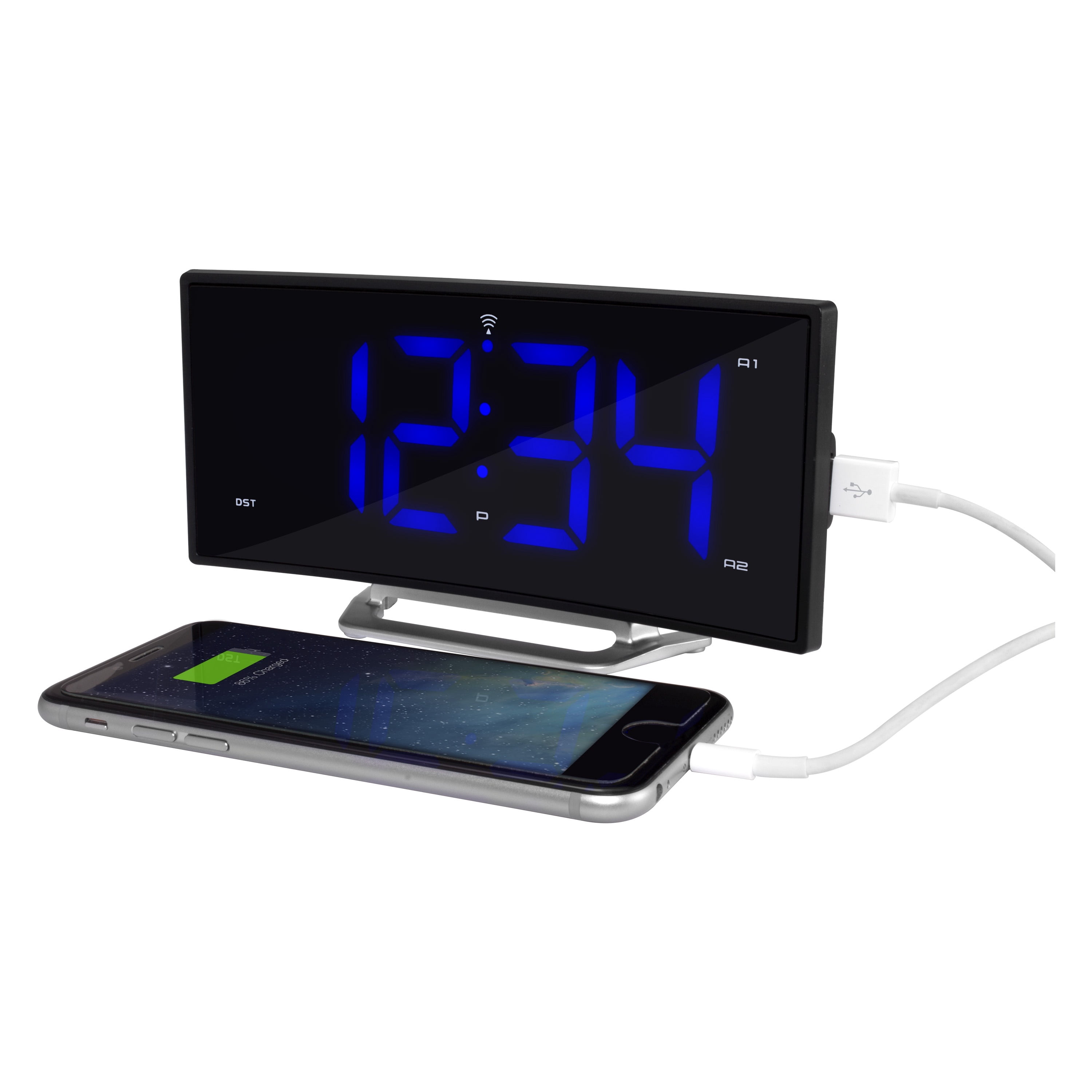 La Crosse Technology 1.8" Curved Blue LED Corded Electric Atomic Dual Alarm Clock, 617-249