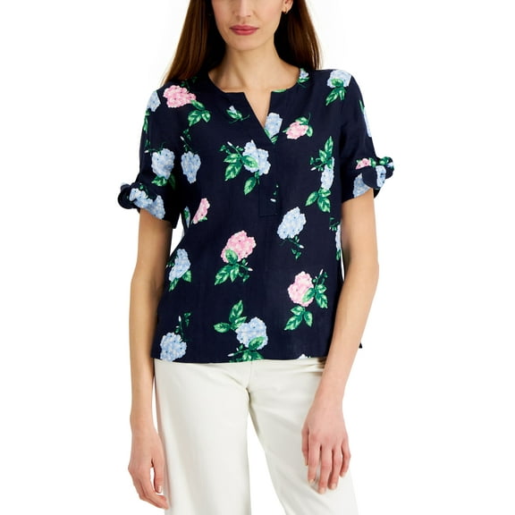 Charter Club Linen Tie Sleeve Top Intrepid Blue Combo L