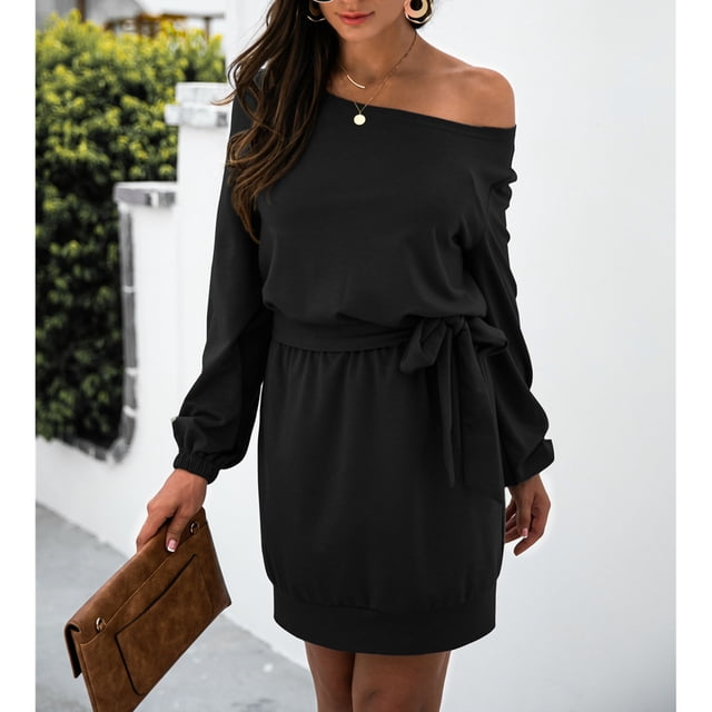Vestido tipo sudadera con hombros descubiertos, jersey de manga larga para mujer, vestido con cuello barco y hombros descubiertos, vestido tipo suéter corto con lazo en la cintura, artesanía superior