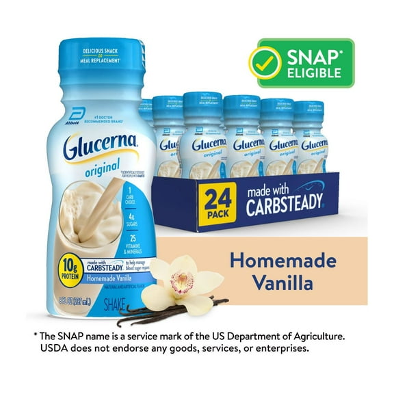 Glucerna Original Diabetic Protein Shake, Homemade Vanilla, 8 fl oz Bottle, 24 Count