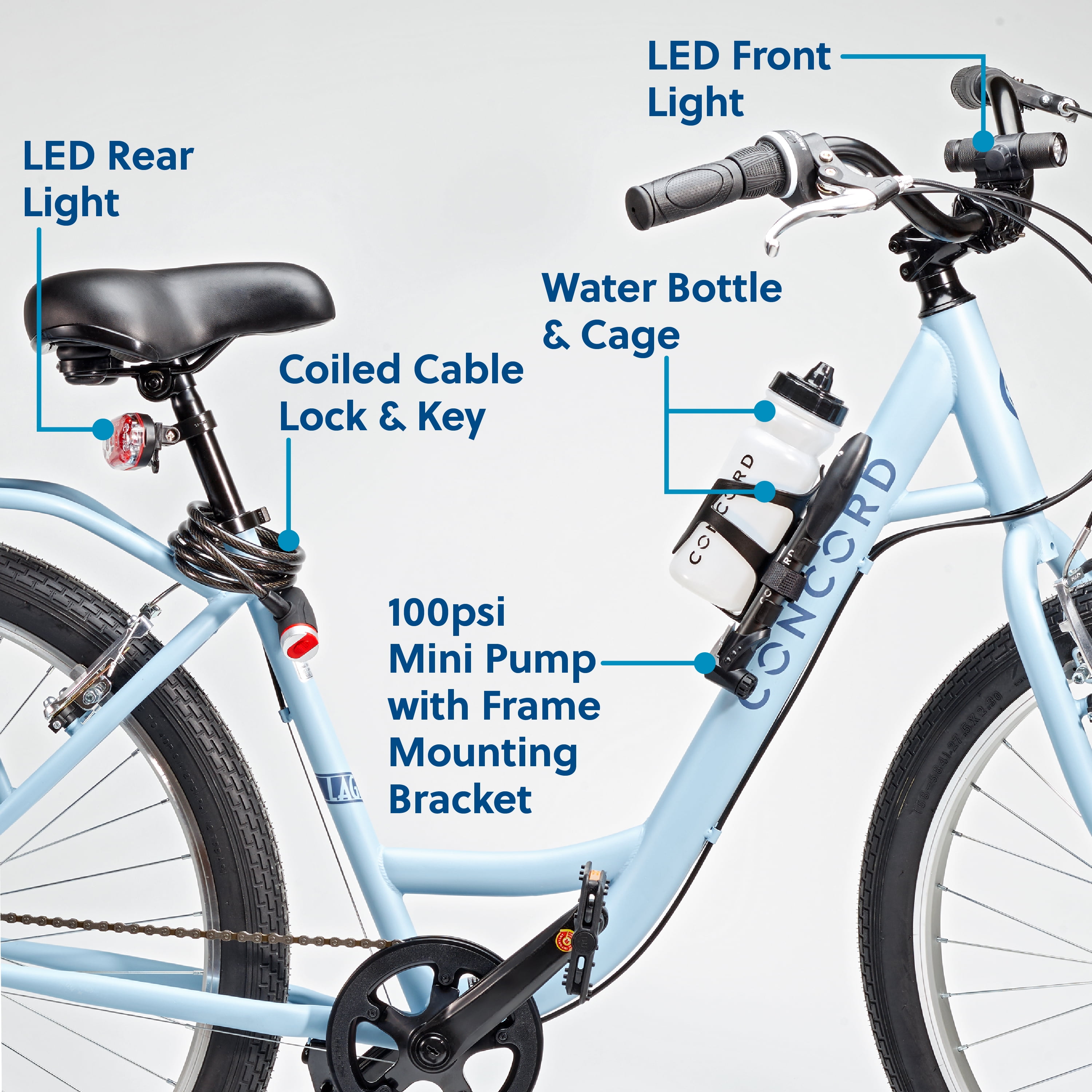 Concord Bike Accessories Essential Pack (Mini Pump, Lock, LED Light Set, Bottle, Cage), 6 Count