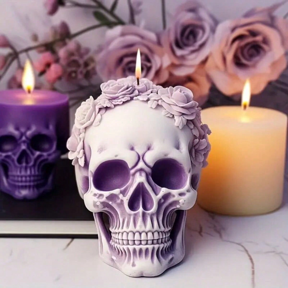 3 Pcs 3D Rose Flower Skull Candle Molds, Flexible Silicone Skull Head Molds, Ghost Mold Candle Making Molds, Reusable Silicone Molds for DIY Candle Wax Resin Soap