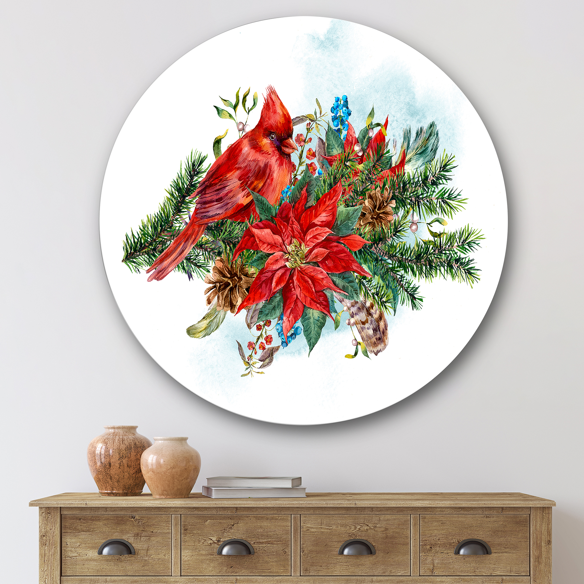 Designart 'Christmas Red Cardinal Bird and Poinsettia' Traditional Circle Metal Wall Art 29x29 - Disc of 29