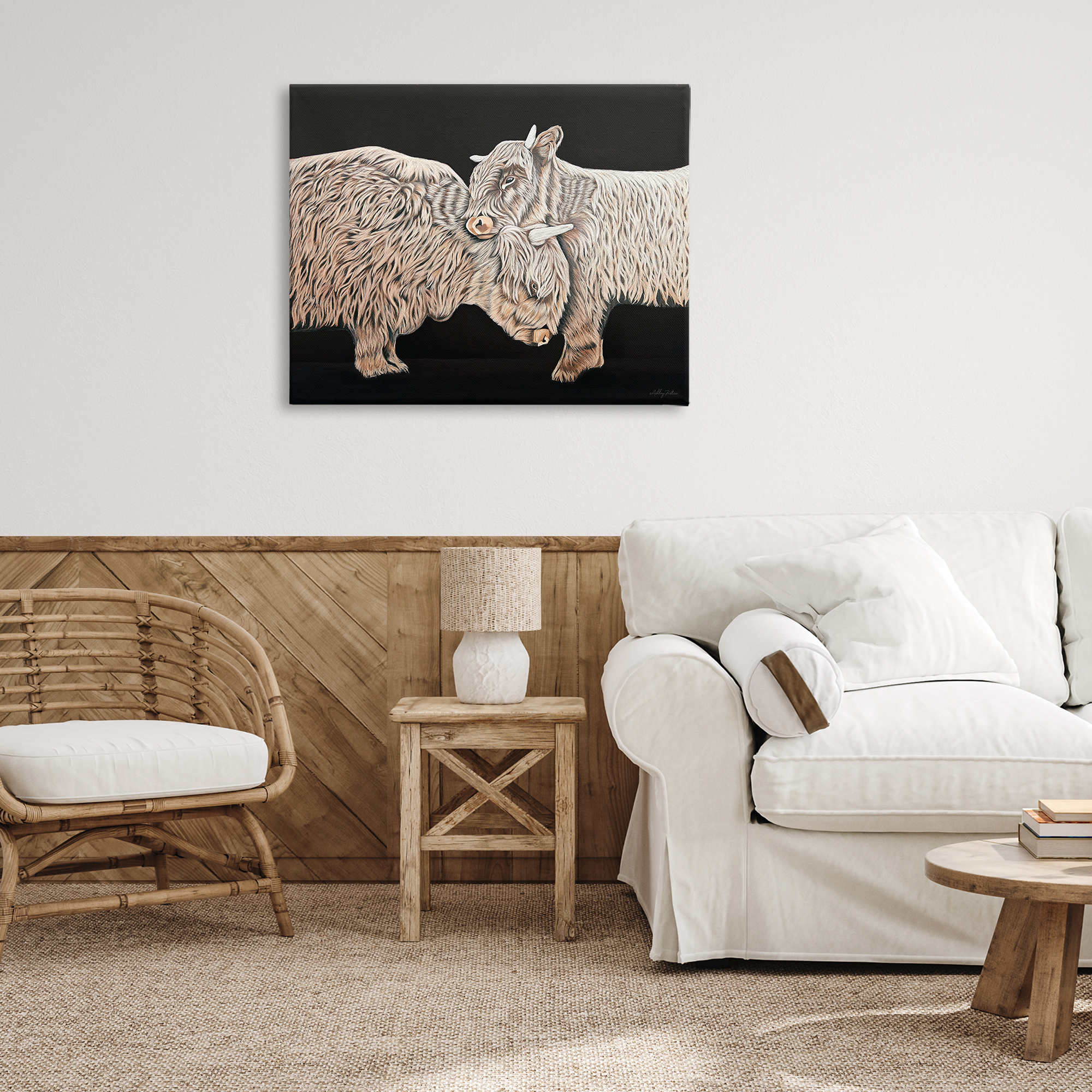 Stupell Industries Hugging Cattle on Black Animals Painting Wrapped Canvas Art Print Wall Art, 40 x 30