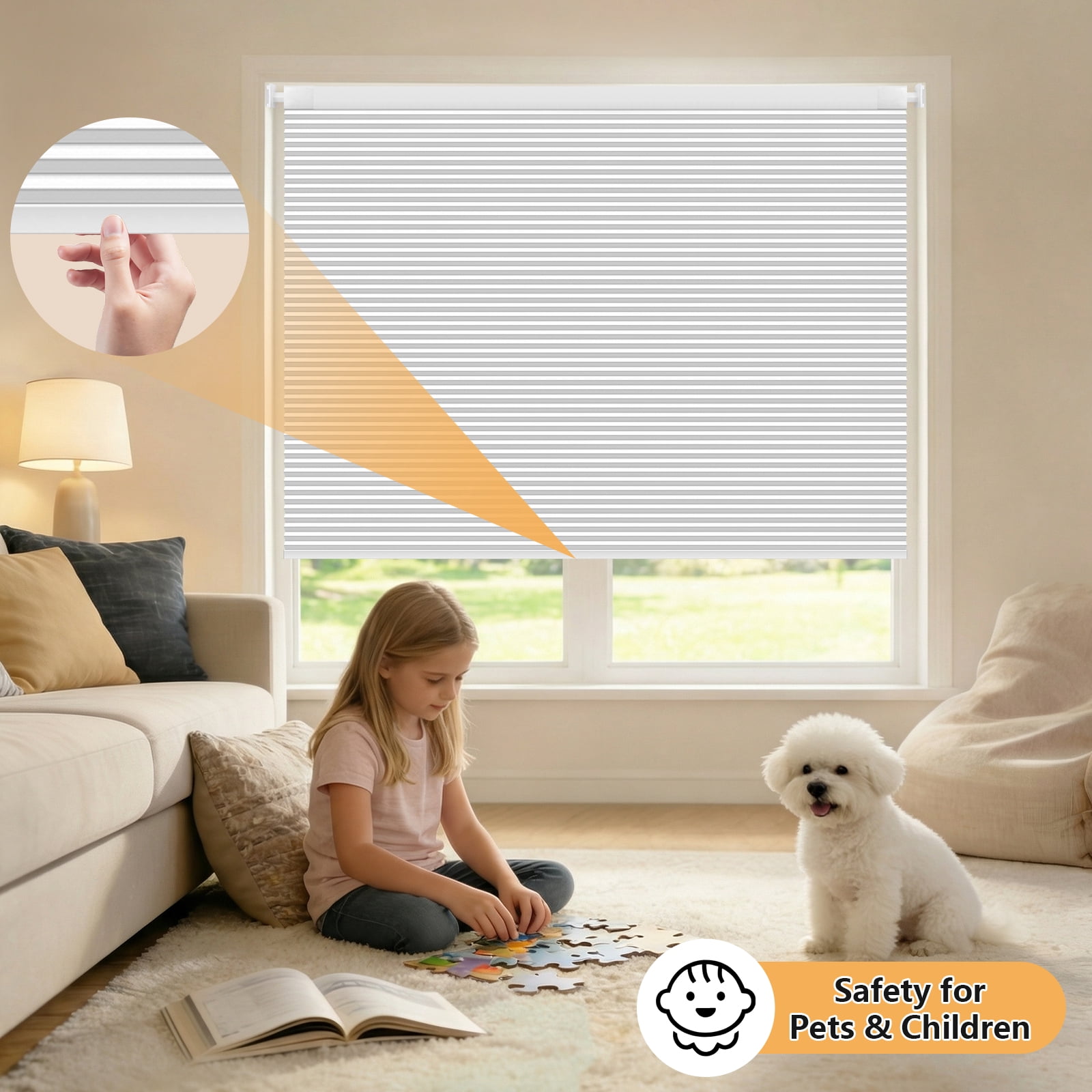 Shade&Beyond 34"x64" No Drill Cordless Blackout Cellular Shades, Thermal Insulated Noise Reducing Honeycomb Blinds for Indoor Windows, White