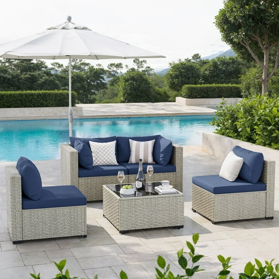 Amopatio 5 Pieces Patio Conversation Set, Outdoor Sectional PE Rattan Wicker Furniture Seat,NAVY