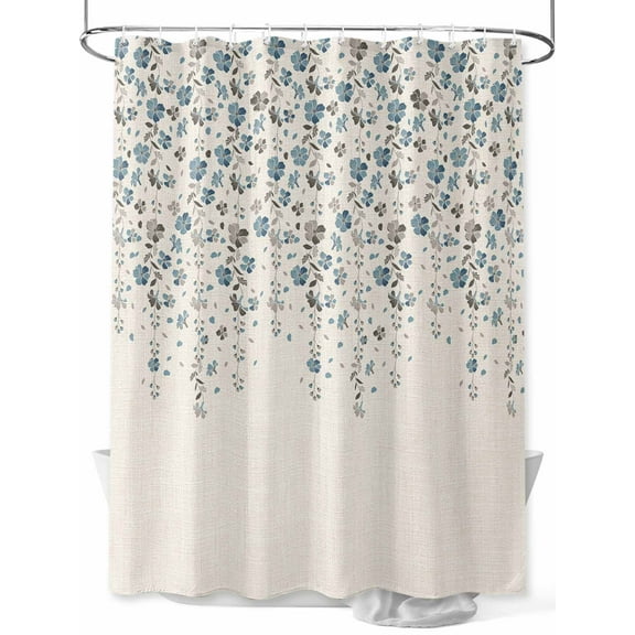 Flower Blue Shower Curtain, Grey Cherry Blossoms Cotton Linen Background Waterproof Shower Curtain Set with 12 Hooks Lightweight Washable Fabric Shower Curtains for Bathroom 60x72 Inches