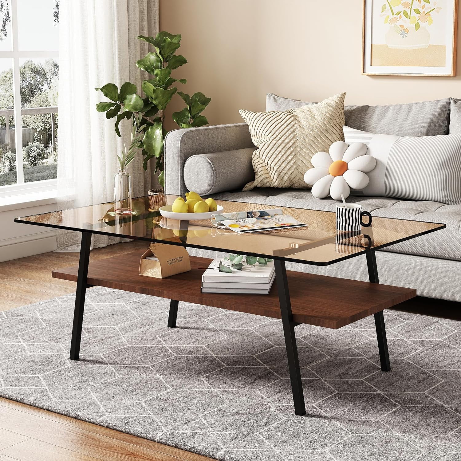 Holaki Glass Coffee Table, Rectangle Tempered Glass Table, 2-Tier Center Table  with Clear Tempered Glass Top Metal Leg, Mordern Home Office Furniture